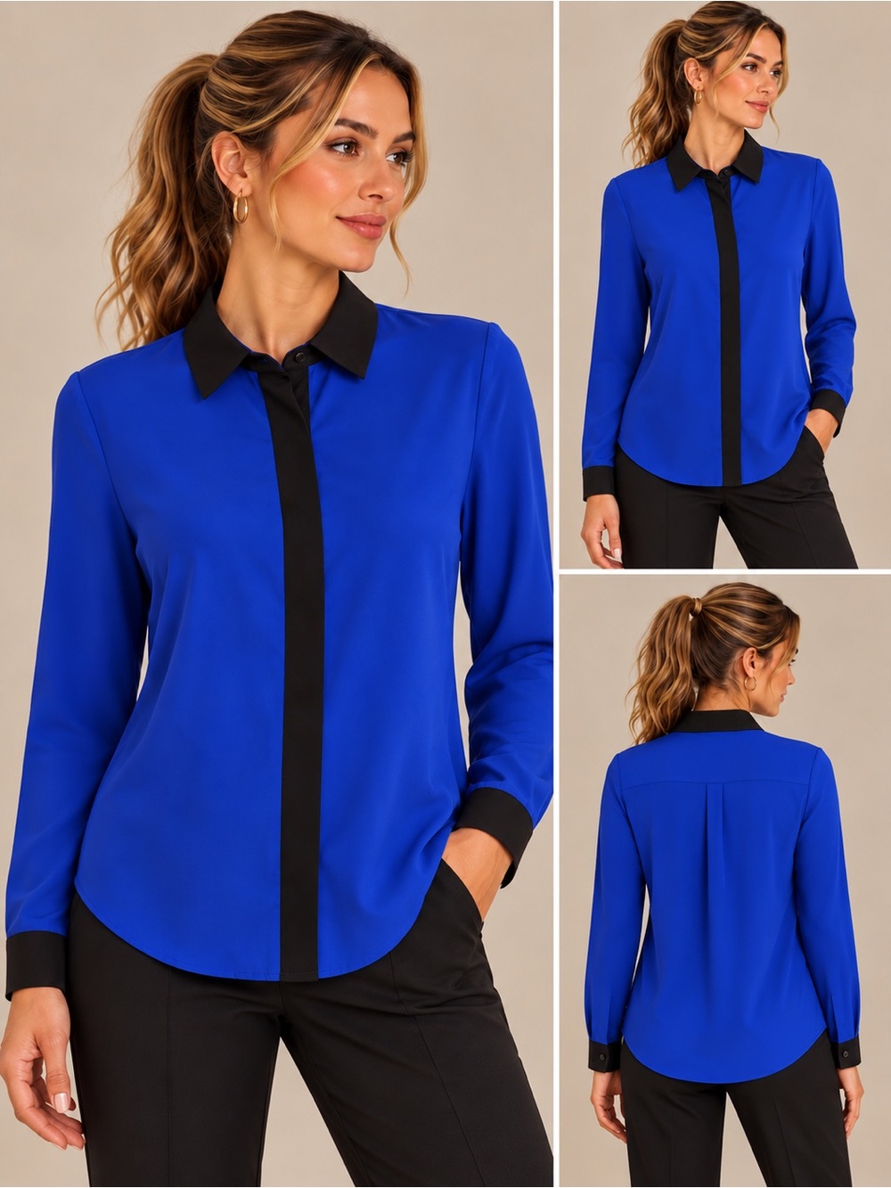 Amanda Uprichard 100% Silk Blouse Cobalt Blue Black Collar Size Small